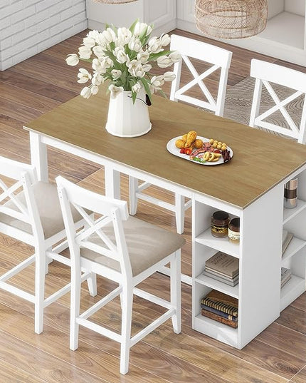 NicBex Dining Table for 4 Small Kitchen Table Set for 4 Solid Wood Farmhouse Counter Height Dining Table Set with 3-Tier Storage Shelves, Upholstered Dining Chairs for 4, Natural+White - LeafyLoom