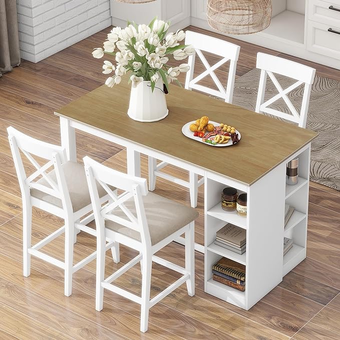 NicBex Dining Table for 4 Small Kitchen Table Set for 4 Solid Wood Farmhouse Counter Height Dining Table Set with 3-Tier Storage Shelves, Upholstered Dining Chairs for 4, Natural+White - LeafyLoom