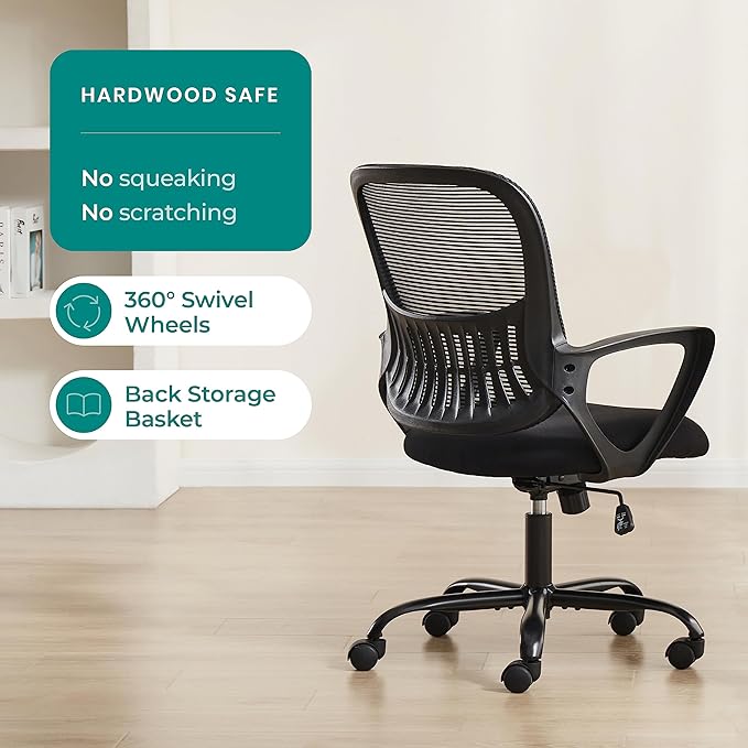 SMUG Office Computer Desk Ergonomic Mid-Back Mesh Rolling Work Swivel Task Chairs with Wheels, Comfortable Lumbar Support, Comfy Arms for Home, Bedroom, Study, Dorm, Student, Adults, Black - LeafyLoom