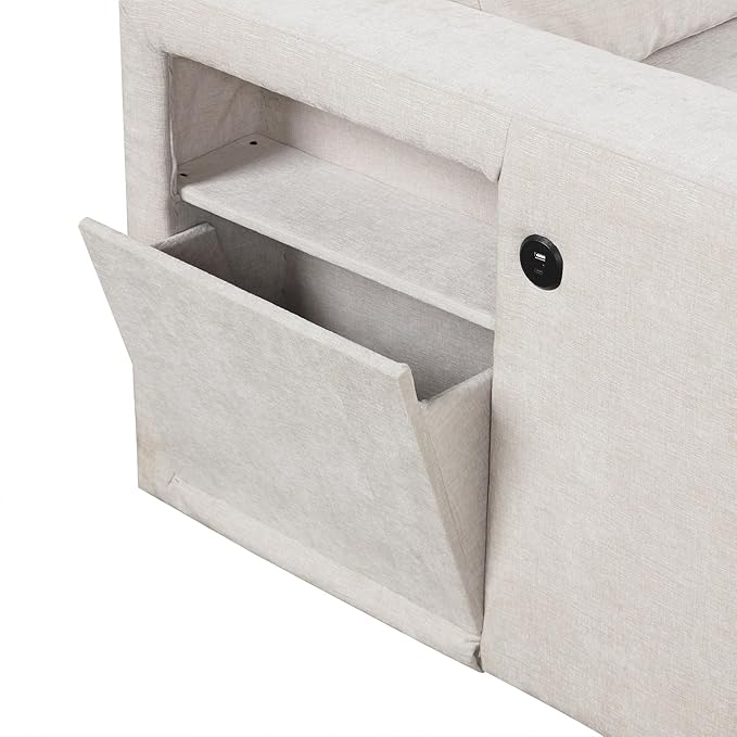 90.6'' L-shaped Modular Sectional Sofa with Storage Space, Ottoman and Pull-Out Bed, 6 Seat Upholstered Couch w/USB Ports & Cup Holders, for Living Rooms, Offices, Apartments, Beige, 90.6 Inch - LeafyLoom