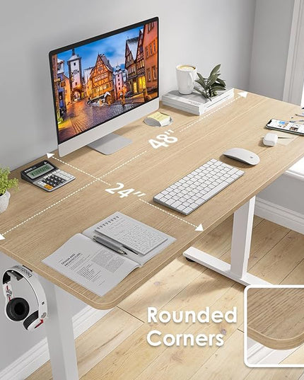 STARY Electric Adjustable Height Sit Stand Home Office Desk with Splice Board, 48x24, Castin Oak Desktop/White Frame - LeafyLoom