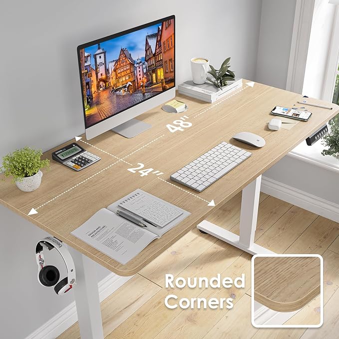 STARY Electric Adjustable Height Sit Stand Home Office Desk with Splice Board, 48x24, Castin Oak Desktop/White Frame - LeafyLoom