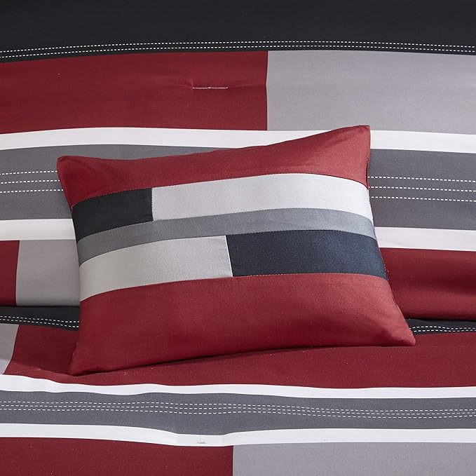 Comfort Spaces Casual Comforter Set Sporty Design, Vibrant Color, Active Lifestyle Boys Bedroom Décor, All Season Soft Microfiber Bedding Set, Decorative Pillow, Sham Black/Red Queen 4 Piece - LeafyLoom