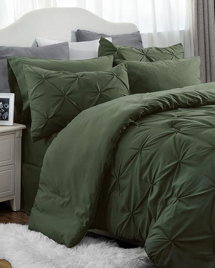 Bedsure California King Comforter Set - Cal King Bed Set 7 Pieces, Pinch Pleat Olive Green Cali King Bedding Set with Comforter, Sheets, Pillowcases & Shams - LeafyLoom