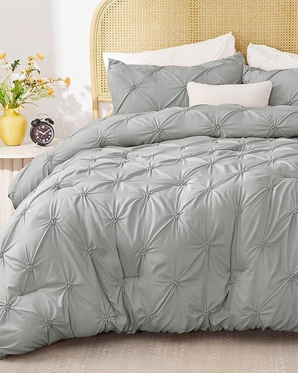 BEDELITE Grey King Size Comforter Set - 3 Pieces Boho Pintuck Bedding Comforter Sets, Lightweight Soft & Warm King Bedding Set with 2 Pillowcases for All Season - LeafyLoom