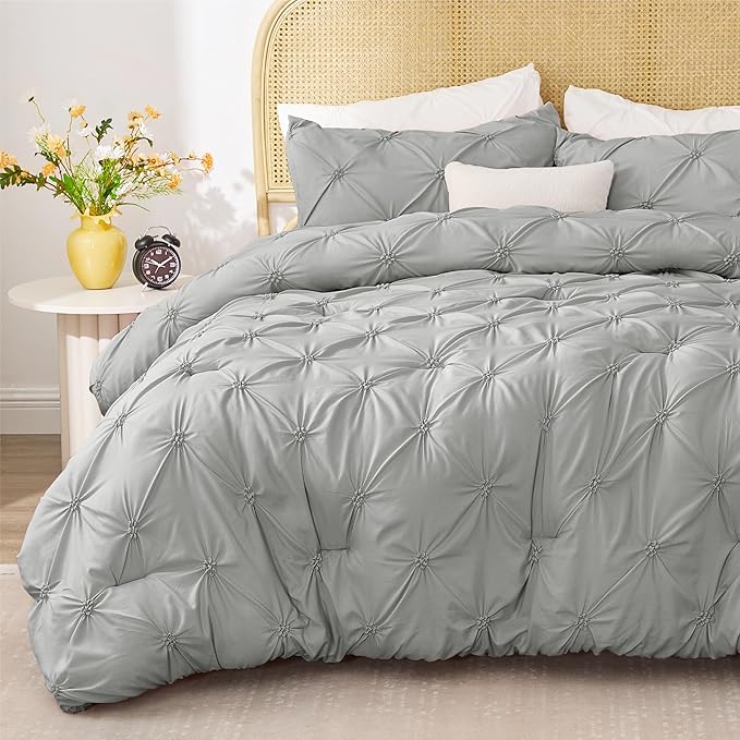 BEDELITE Grey King Size Comforter Set - 3 Pieces Boho Pintuck Bedding Comforter Sets, Lightweight Soft & Warm King Bedding Set with 2 Pillowcases for All Season - LeafyLoom