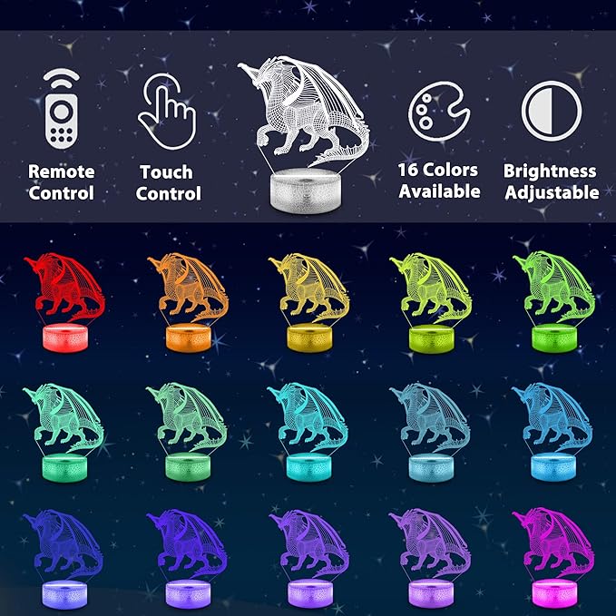 Lampeez Dragon Gifts,Dragon Night Lamp for Kids with Remote & 16 Color Changing Nightlight, Dimmable,Creative Gift Idea as Xmas Holiday Birthday Gifts - LeafyLoom