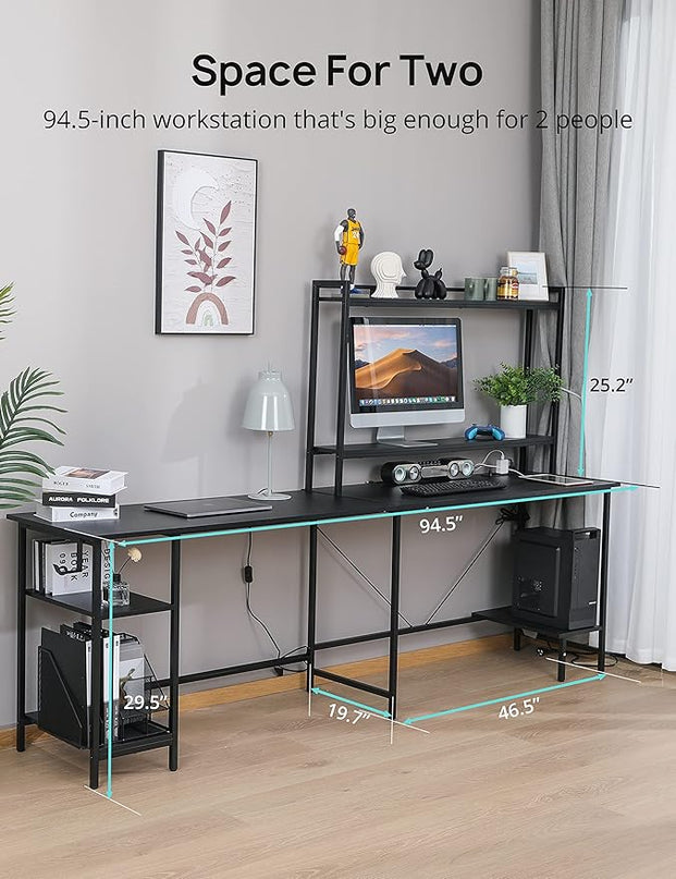 Evajoy L Shaped Computer Desk with Power Outlets and USB Ports, Reversible L-Shaped Corner Gaming Desk with Storage Shelves, 94.5’’ Industrial 2 Person Home Office Desk with Monitor Stand for Home - LeafyLoom