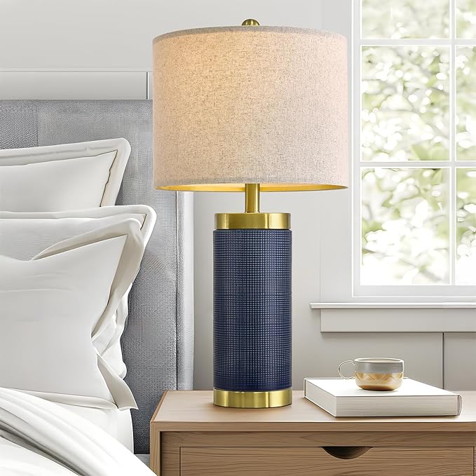 24.5" Modern Ceramic Blue Single Bedside Lamp for Bedroom Decor Farmhouse Table Lamp for Living Room Office Dorm - LeafyLoom