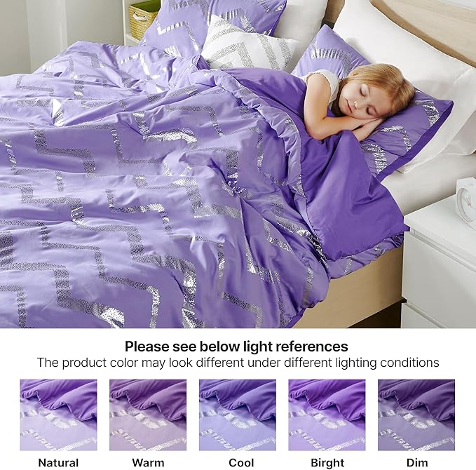 Codi Purple Comforter Set Full - Metallic Silver and Lavender Bedding Sets Queen Size - 4 Piece Set for Girls, includes 1 Comforter, 1 Decorative Pillow, 2 Pillow Cases - All Season Warm - LeafyLoom