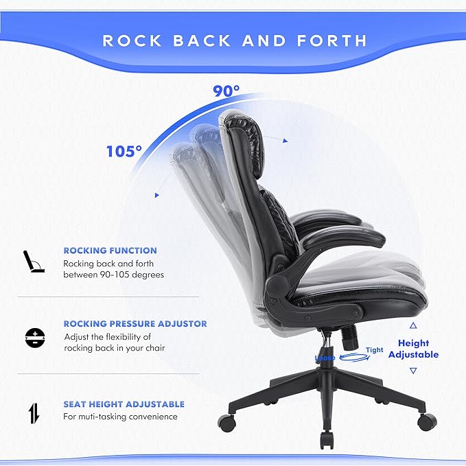 Executive Home Office Chair, Ergonomic Computer Desk Chair with Padded Flip-up Armrests, Adjustable Height, Swivel Rolling Work Study Chair for Home Office Conference Room-Black - LeafyLoom