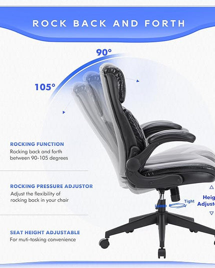 COLAMY Home Office Chair 275LBS Executive Leather Office Chair with Padded Flip-up Arms, Adjustable Height and Tilt Lock, Black - LeafyLoom