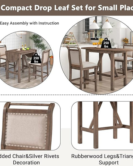 Merax 3-Piece Wood Counter Height Drop Leaf Dining Table Set with 2 Upholstered Chairs for Small Place, Brown - LeafyLoom