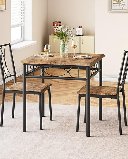IDEALHOUSE Dining Table Set for 2, Kitchen Table and Chairs, Square Dining Room Table Set with 2 Metal and Wood Chairs, 3 Piece Dining Table Set for Small Spaces, Apartment, Rustic Brown - LeafyLoom