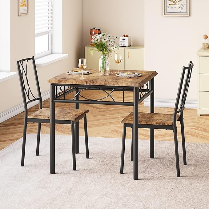 IDEALHOUSE Dining Table Set for 2, Kitchen Table and Chairs, Square Dining Room Table Set with 2 Metal and Wood Chairs, 3 Piece Dining Table Set for Small Spaces, Apartment, Rustic Brown - LeafyLoom