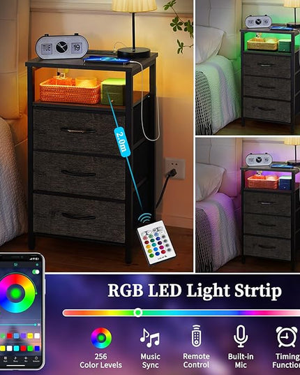 Yoobure Night Stand with Charging Station, 20 Colors LED Nightstand with USB Ports and Outlets, End Table with 3 Fabric Drawers and Storage Shelf, Bedside Tables Small Dresser for Small Space, Gray - LeafyLoom