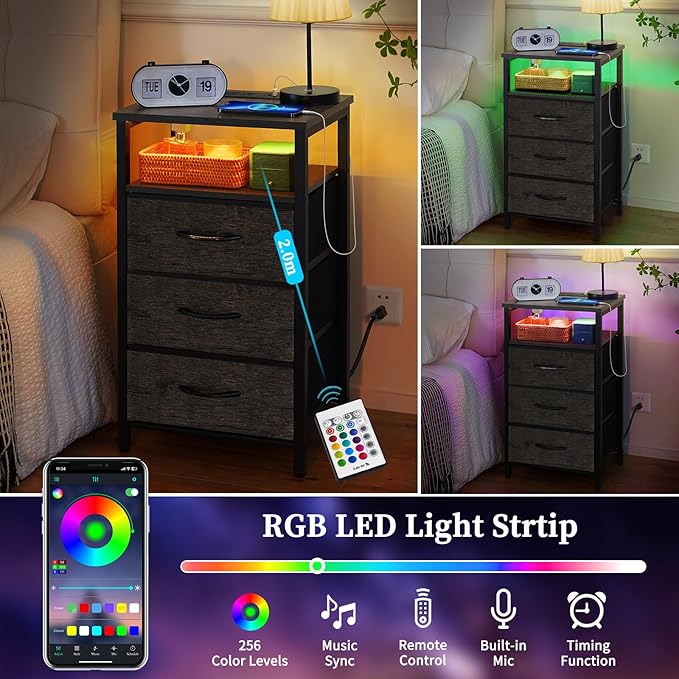 Yoobure Night Stand with Charging Station, 20 Colors LED Nightstand with USB Ports and Outlets, End Table with 3 Fabric Drawers and Storage Shelf, Bedside Tables Small Dresser for Small Space, Gray - LeafyLoom