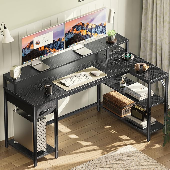 SUPERJARE 53 inch Reversible L Shaped Desk with LED Lights & Power Outlets, Computer Desk with Shelves & Monitor Stand, Gaming Desk with Drawer, Home Office Desk Corner Desk, Black - LeafyLoom