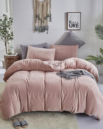 Wellboo Pink Velvet Comforter Sets Full Light Red Fluffy Bedding Comforters Full Size Women Girls Solid Pink Cute Flannel Quilts Aesthetic Pink Warm Winter Blankets Micromink Sherpa Fuzzy Plush Bed - LeafyLoom