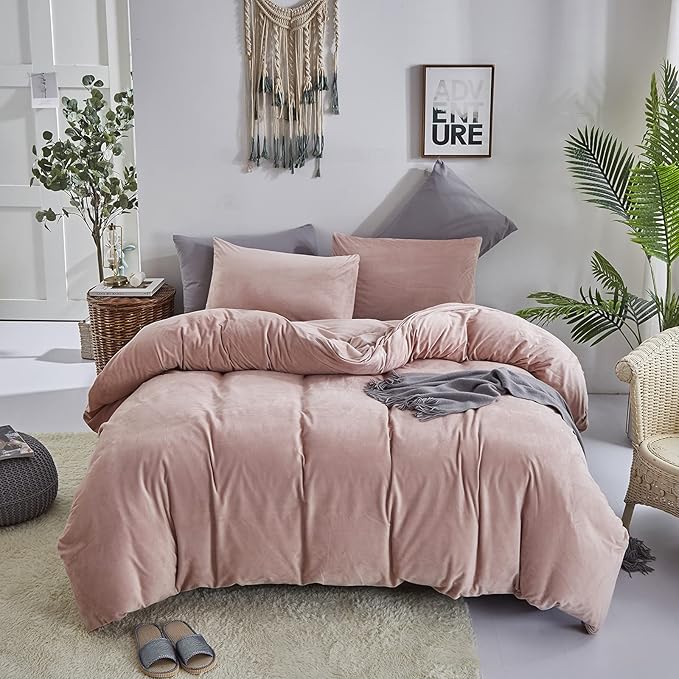 Wellboo Pink Velvet Comforter Sets Full Light Red Fluffy Bedding Comforters Full Size Women Girls Solid Pink Cute Flannel Quilts Aesthetic Pink Warm Winter Blankets Micromink Sherpa Fuzzy Plush Bed - LeafyLoom
