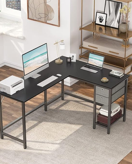 BANTI L-Shaped Computer Desk, Home Office Corner Desk with Non-Woven Drawer, Sturdy Writing Table, Space-Saving,Black - LeafyLoom