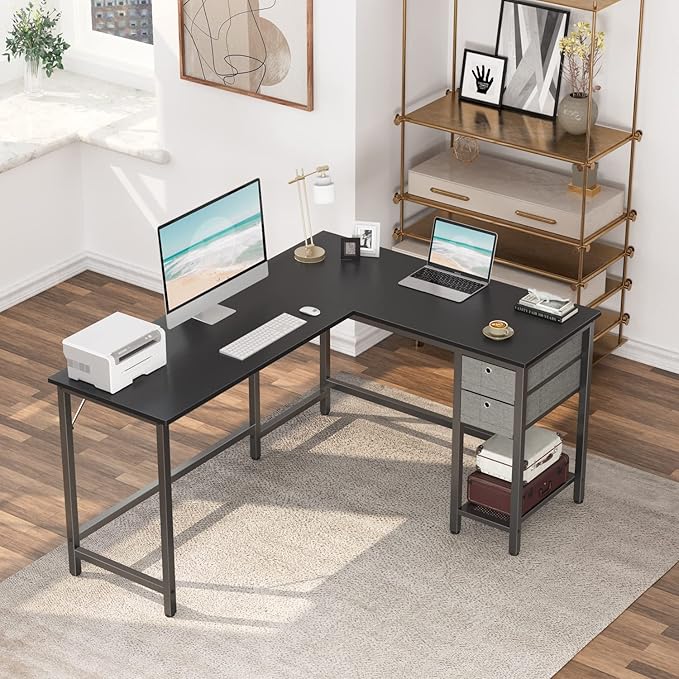 BANTI L-Shaped Computer Desk, Home Office Corner Desk with Non-Woven Drawer, Sturdy Writing Table, Space-Saving,Black - LeafyLoom