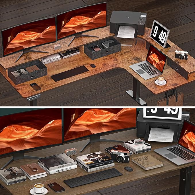 67 Inch L Shaped Electric Standing Desk with 4 Drawers, Height Adjustable Corner Desk with Monitor Stand for Home Office, Rustic Brown - LeafyLoom
