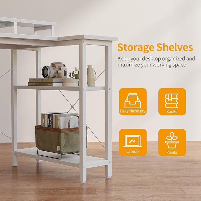 CubiCubi L Shaped Computer Desk with Monitor Stand & Shelves, 47 Inch Corner Home Office Desk Writing Table with Storage Drawer, White - LeafyLoom