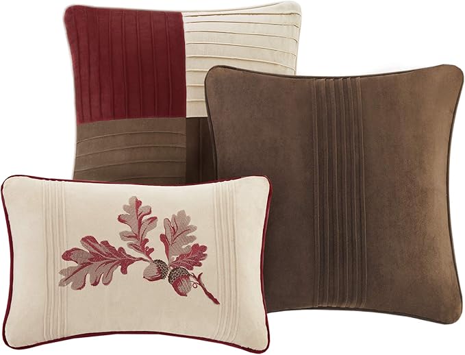Madison Park Cozy Comforter Set Casual Design All Season, Matching Bed Skirt, Decorative Pillows, Queen (90 in x 90 in), Jackson Blocks Red/Brown, 7 Piece - LeafyLoom