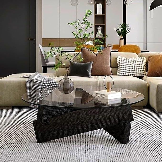 Coffee Table, Round Coffee Table for Living Room Modern Glass Coffee Table with Solid Wood Legs Farmhouse Mid Century Center Table Large Circle Cocktail Table (Black + Transparent, 35.4in) - LeafyLoom