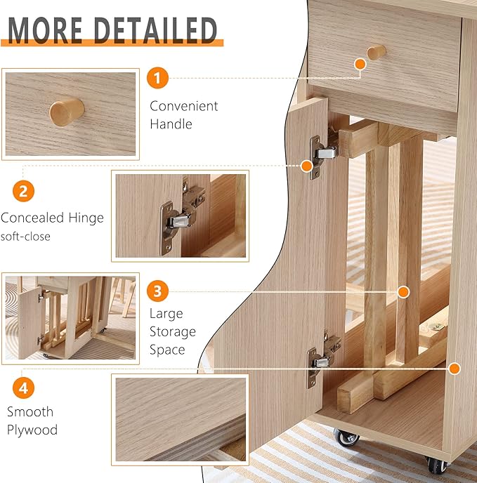 Extendable Drop Leaf Folding Dining Table with 2 Drawers and 4 Wheels for Living Room Kitchen Farmhouse Space Saving Table in Wood Color - LeafyLoom