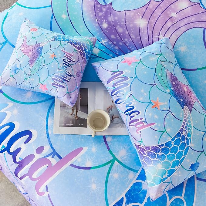 RYNGHIPY 6Pcs Mermaid Tail Comforter Set for Kids Girls, Mermaid Fish Scale Bed in a Bag Twin Size, Sparkle Teal Purple Rainbow Bedroom Decor Bedding Set - LeafyLoom