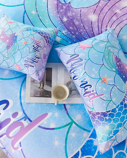 RYNGHIPY 6Pcs Mermaid Tail Comforter Set for Teens Girls Women, Mermaid Fish Scale Bed in a Bag Full Size, Sparkle Teal Purple Rainbow Bedroom Decor Bedding Set - LeafyLoom