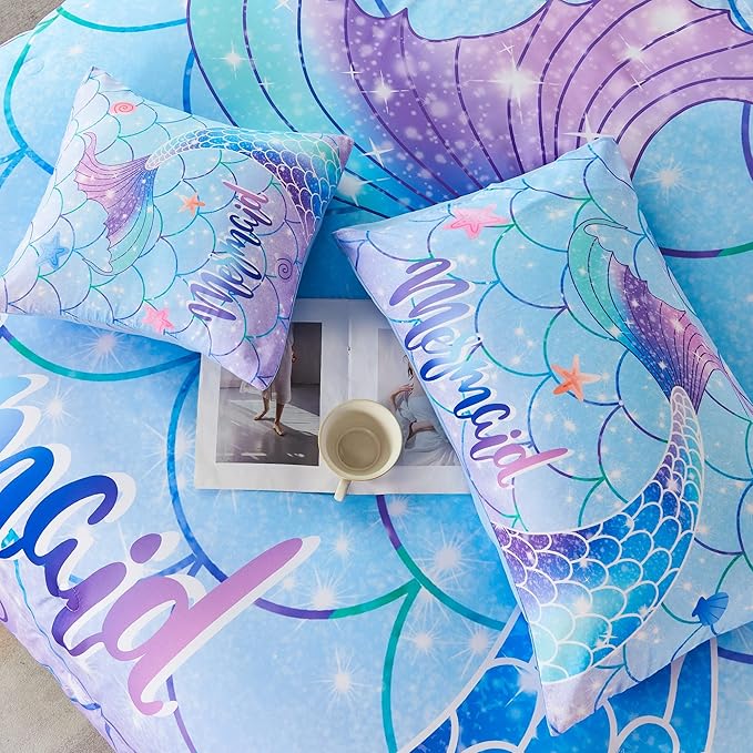 RYNGHIPY 6Pcs Mermaid Tail Comforter Set for Teens Girls Women, Mermaid Fish Scale Bed in a Bag Full Size, Sparkle Teal Purple Rainbow Bedroom Decor Bedding Set - LeafyLoom