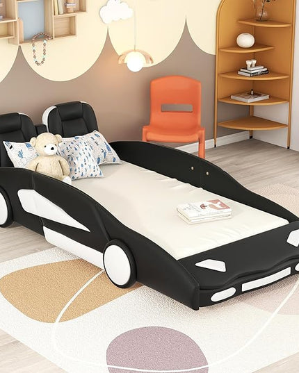 Twin Size Race Car-Shaped Bed Frame for Kids, Wooden Platform Bed with Guardrail and Upholstered Headboard, Wheels and Support Slats, for Boys Girls Child's Bedroom, No Spring Need (Black) - LeafyLoom