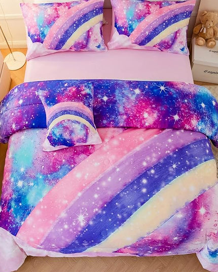 6Pcs Queen Size Comforter Set for Girls Teens, 3D Pastle Rainbow Nebula Comforter Bedding Set, Tie Dye Pink Comforter Soft Lightweight Bed in A Bag with Sheets Comforter and Pillowcases - LeafyLoom