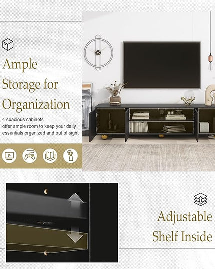 Merax Modern TV Stand for Televisions up to 75 Inches, 68.9“ Entertainment Center with Storage Cabinets and Adjustable Shelf, Media Console Table & Marble-patterned Top for Living room, Black - LeafyLoom