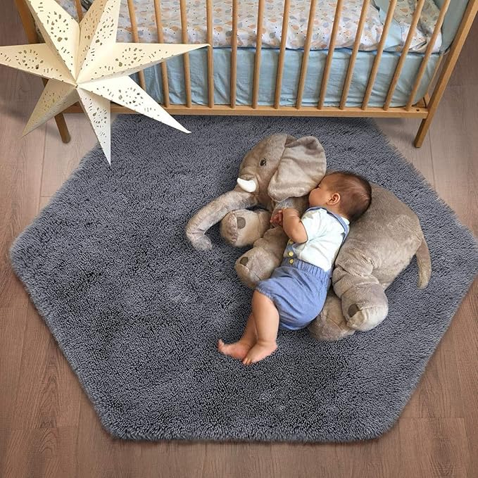 junovo Ultra Soft Rug for Nursery Children Room Baby Room Home Decor Dormitory Hexagon Carpet for Playhouse Princess Tent Kids Play Castle, Diameter 4.6 ft, Grey - LeafyLoom