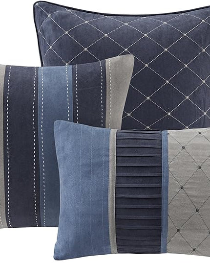 Madison Park Cozy Comforter Set Casual Modern Design All Season, Matching Bed Skirt, Decorative Pillows, Queen, Collins Blue/Grey, 7 Piece - LeafyLoom