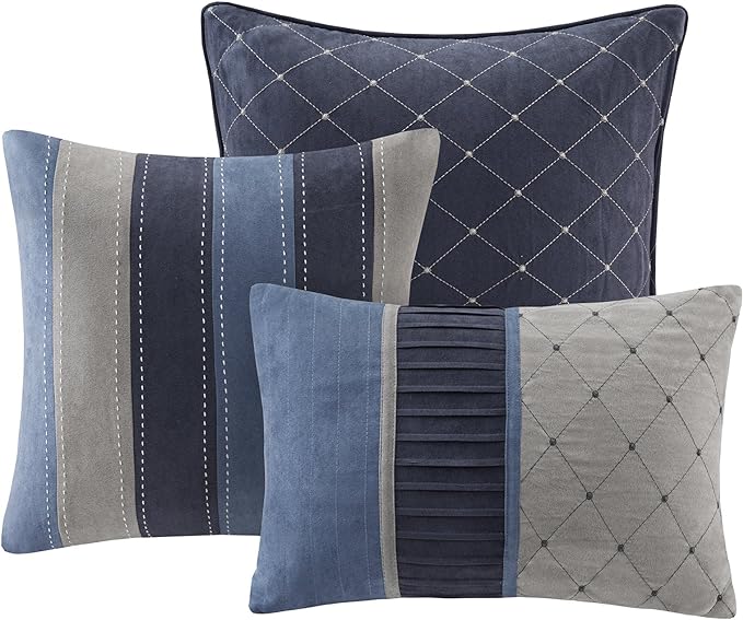 Madison Park Cozy Comforter Set Casual Modern Design - All Season Bedding, Matching Bed Skirt, Decorative Pillows, Collins, Suede Blue Grey King(104"x92") 7 Piece - LeafyLoom