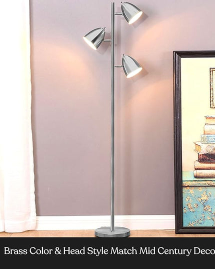 Brightech Jacob LED Standing Lamp, Modern Bright Floor Lamps for Living Rooms & Bedrooms, Tall LED Lighting Lamp with Adjustable 3 Light Tree – Satin Nickel - LeafyLoom