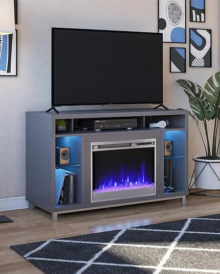 Ameriwood Home Lumina Fireplace TV Stand for TVs up to 48 Inch, Replaceable Electric Fireplace Insert Heater, Remote Control, Timer, Color Changing LED Lights, Crystal Ember Flames, Graphite Gray - LeafyLoom