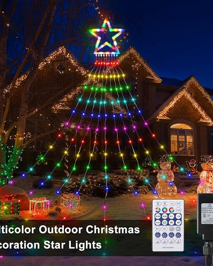 PUHONG Christmas Decoration Star Flowing Multicolor Color Changing Lights Outdoor, 320 LED 16.4Ft Star Waterfall Tree Lights with 8 Lighting Modes Remote Timer, for Xmas New Year Holiday Birthday PUHONG