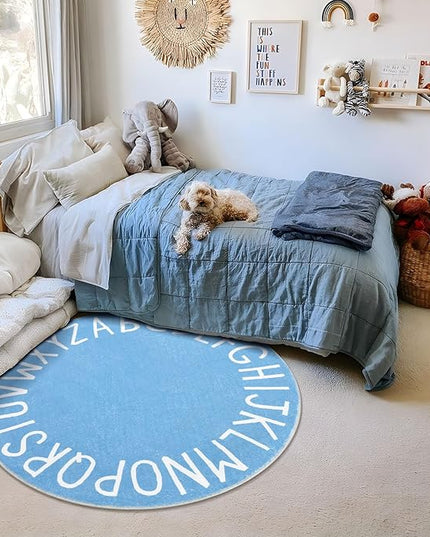 Topotdor Round Kids Play Rug Alphabet Nursery Area Rug Extra Large Soft Crawling Play Mat for Children Toddlers Bedroom (47 inch, Sky Blue) - LeafyLoom
