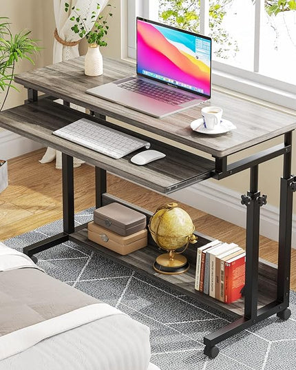 Tribesigns Portable Desk for Sofa and Bed, Height Adjustable Mobile Laptop Table Small Standing Desk Rolling Computer Cart with Keyboard Tray on Wheels for Home Office (Grey) - LeafyLoom