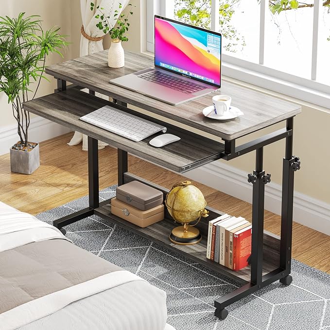 Tribesigns Portable Desk for Sofa and Bed, Height Adjustable Mobile Laptop Table Small Standing Desk Rolling Computer Cart with Keyboard Tray on Wheels for Home Office (Grey) - LeafyLoom