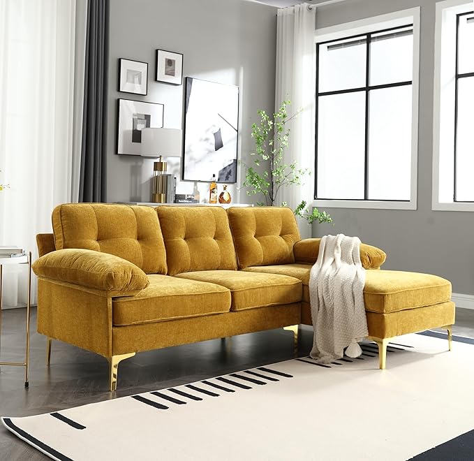 L Shaped Convertible Sleeper Sectional Sofa with Reversible Chaise, 3 Seater Corner Couch Bed with Detachable Pillow Armrest and Golden Metal Legs for Living Room Apartment Small Space - LeafyLoom