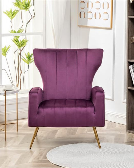 Armchair Modern Velvet Accent Chair, Channel Tufted Bedroom, Office or Living Room Furniture with Elegant Metal Legs, Purple - LeafyLoom