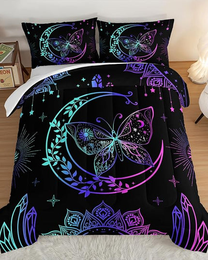 HOSIMA Butterfly Comforter Set 3Piece with 2 Pillowcases,Black Comforter Butterfly Aesthetics Room Decor,Boho Mandala Comforter Butterfly Bedding Set for Girls,Bohemian Queen Comforter Set. - LeafyLoom