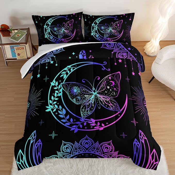 HOSIMA Butterfly Comforter Set 3Piece with 2 Pillowcases,Black Comforter Butterfly Aesthetics Room Decor,Boho Mandala Comforter Butterfly Bedding Set for Girls,Bohemian Queen Comforter Set. - LeafyLoom
